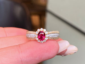 LUOWEND 18K White+Yellow Gold Natural Ruby Ring for Women