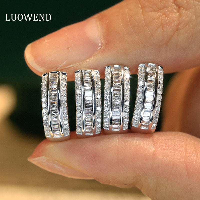 LUOWEND 18K White Gold Real Natural Diamond Hoop Earrings for Women