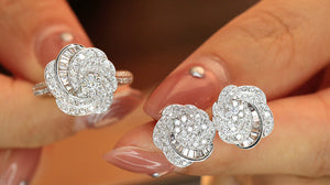 LUOWEND 18K White Gold Real Natural Diamond Earrings and Ring for Women