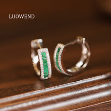Load image into Gallery viewer, LUOWEND 18K White Gold Fine Jewelry Natural Emerald Earrings for Women
