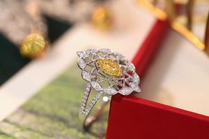 LUOWEND 18K White Gold Real Natural Yellow Diamond Ring for Women