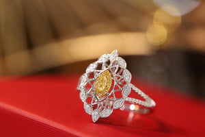 LUOWEND 18K White Gold Real Natural Yellow Diamond Ring for Women
