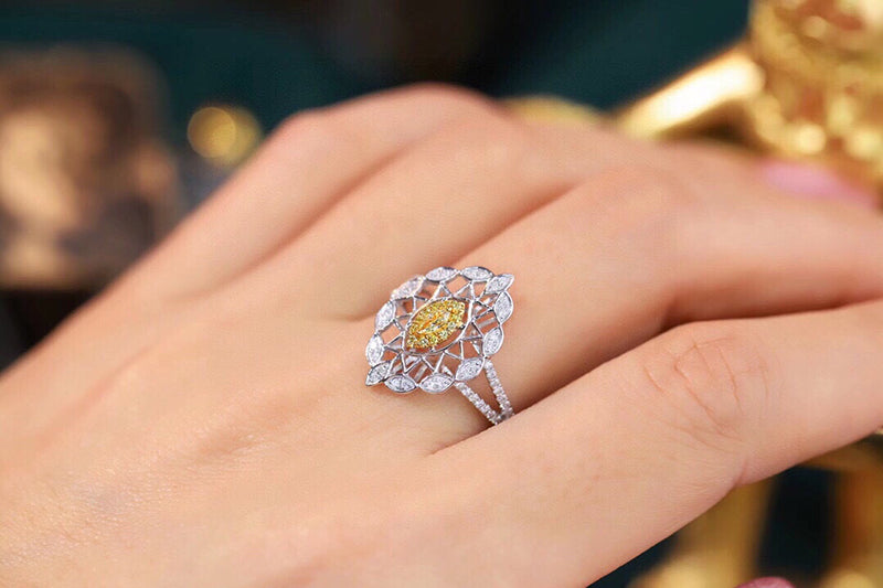 LUOWEND 18K White Gold Real Natural Yellow Diamond Ring for Women