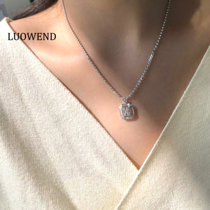 LUOWEND 18K White Gold Necklace Real Natural Diamond Pendant Fashion Square chain for Women Birthday