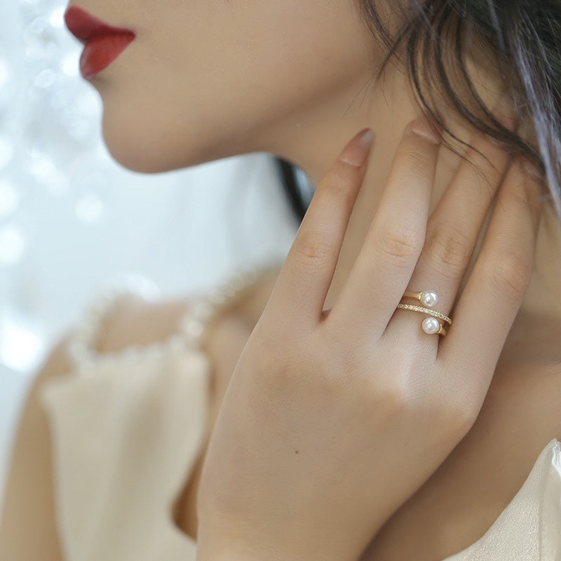 LUOWEND 18K Yellow or Rose Gold Real Natural Peal Ring for Women