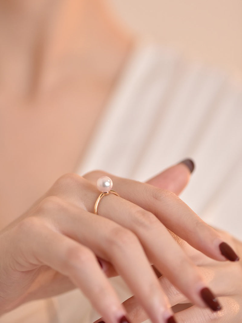 LUOWEND 18K Yellow or Rose Gold Real Natural Pearl Ring for Women