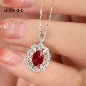 LUOWEND 18K White Gold Real Natural Ruby and Diamond Gemstone Necklace for Women