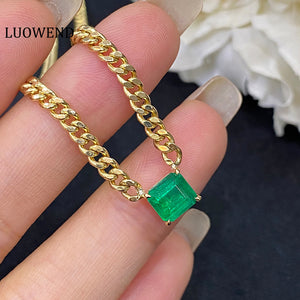LUOWEND 18K Yellow Gold Real Natural Emerald Gemstone Necklace for Women