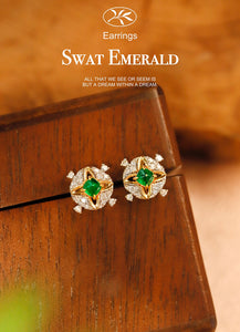 LUOWEND 18K Yellow Gold Real Natural Emerald and Diamond Gemstone Earrings for Women