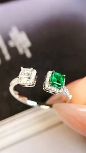 LUOWEND 18K White Gold Real Natural Emerald Ring for Women