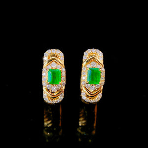 LUOWEND 18K Yellow Gold Real Natural Emerald and Diamond Gemstone Earrings for Women