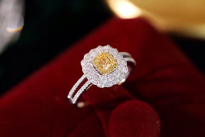 LUOWEND 18K White Gold Real Natural Yellow Diamond Ring for Women