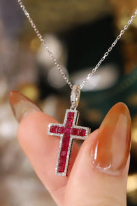 LUOWEND 18K White Gold Real Natural Ruby and Diamond Gemstone Necklace for Women