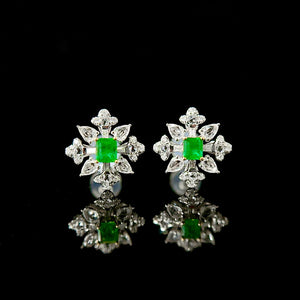 LUOWEND 18K White Gold Real Natural Emerald and Diamond Gemstone Earrings for Women