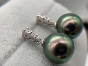 LUOWEND 18K White Gold Real Natural Tahiti Black Pearl Earrings for Women