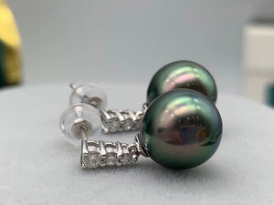 LUOWEND 18K White Gold Real Natural Tahiti Black Pearl Earrings for Women