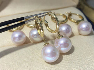LUOWEND 18K Yellow Gold Real Natural Akoya Pearl Earrings for Women