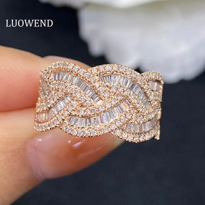 LUOWEND 18K Rose Gold Rings Real Natural Diamond Ring Vintage Palace Design Wedding Band for Women Engagement Party